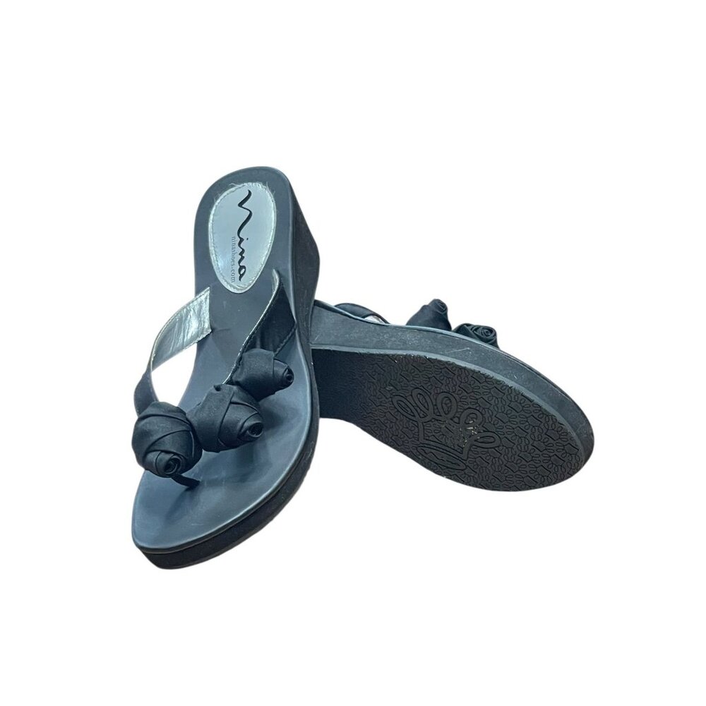 Nina Womens Black Satin Floral Wedge Sandals‎ Size 9